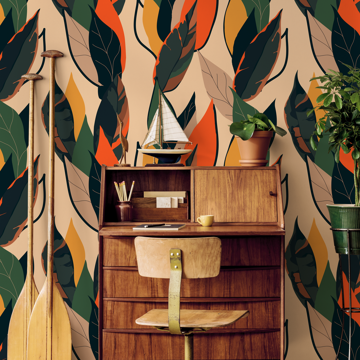 Botanical Wallpaper with Stylized Leaves in Green, Orange, and Yellow - B213