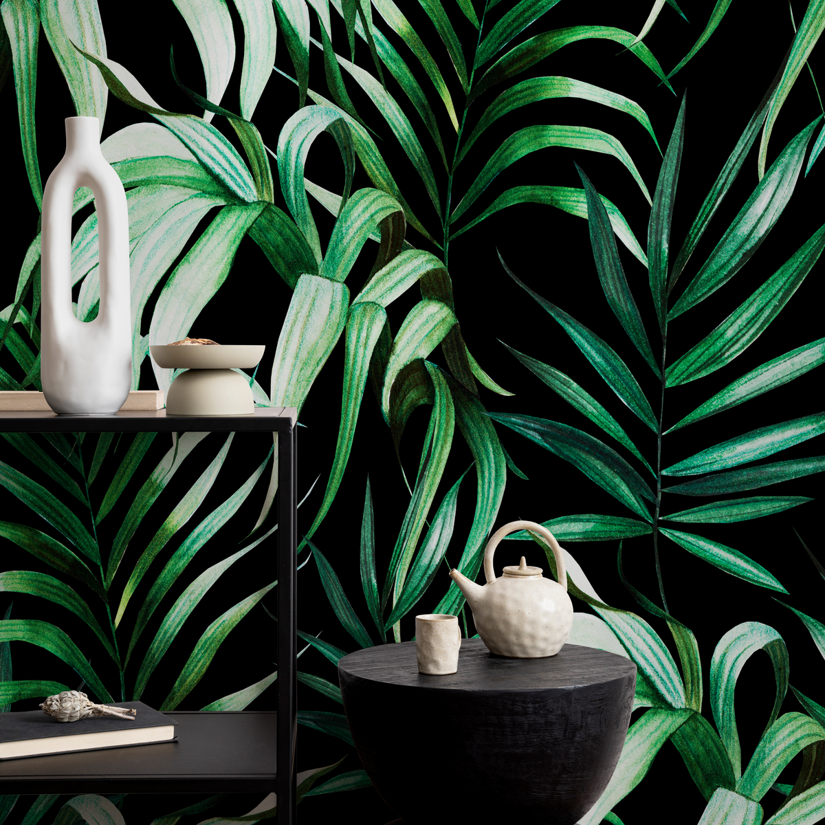 Tropical Wallpaper with Lush Palm Leaves in Green and Black - detail view
