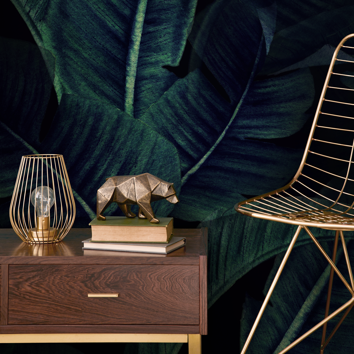 Tropical Wallpaper with Layered Banana Leaves in Dark Green and Black - detail view