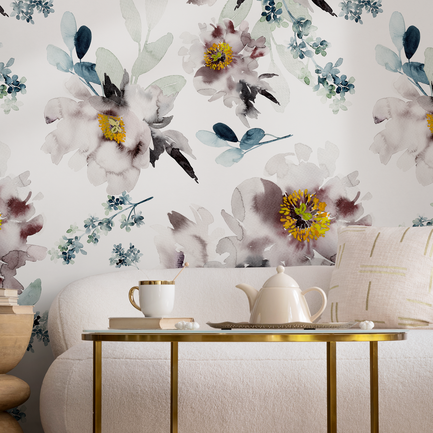 Papier peint autocollant amovible, décoration d'intérieur, art mural, décoration murale, décoration de chambre, papier peint floral aquarelle - B219
