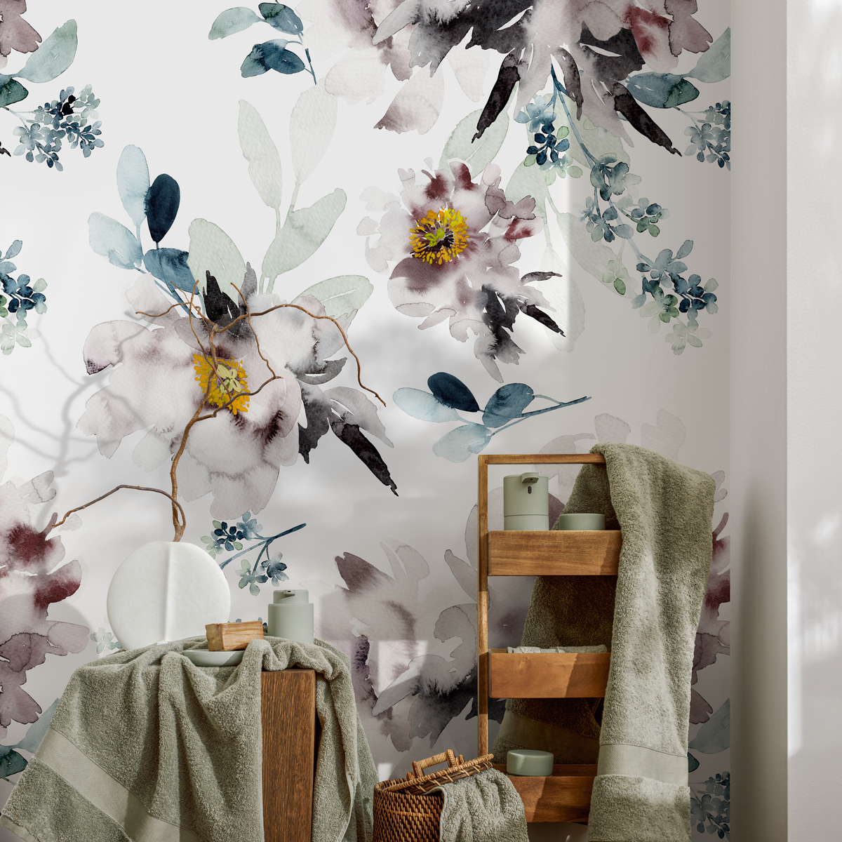 Floral Wallpaper with a Watercolor Peony Motif in Mauve, Blue, and Yellow - detail view