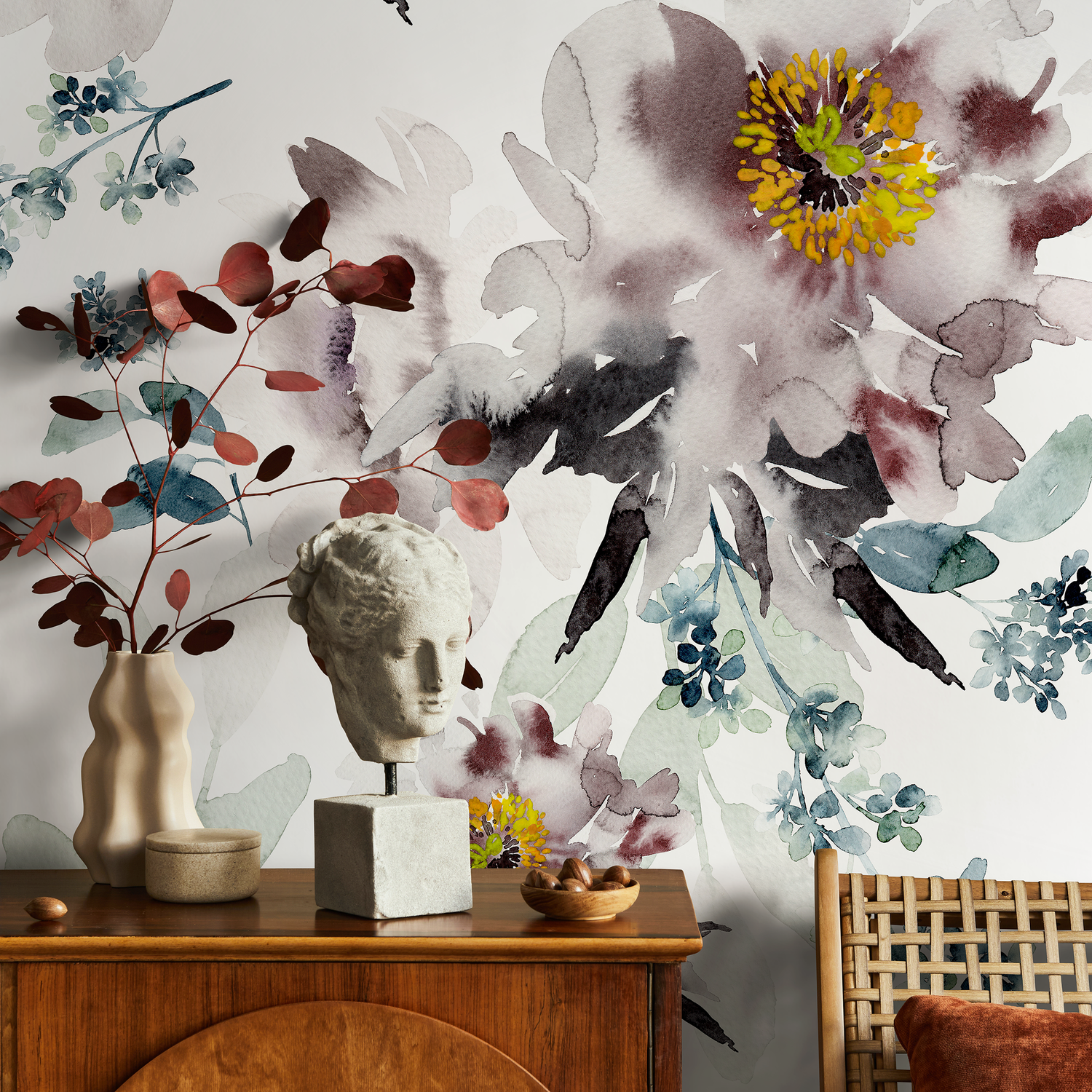 Papier peint autocollant amovible, décoration d'intérieur, art mural, décoration murale, décoration de chambre, papier peint floral aquarelle - B219