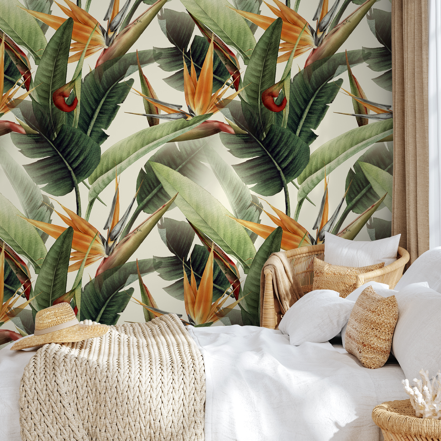 Botanical Wallpaper Featuring Bird of Paradise Flowers in Green, Orange, and Red - B220