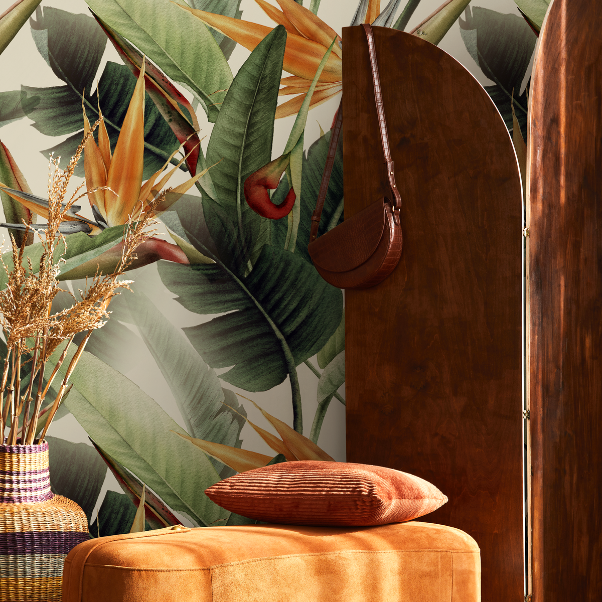 Botanical Wallpaper Featuring Bird of Paradise Flowers in Green, Orange, and Red - detail view