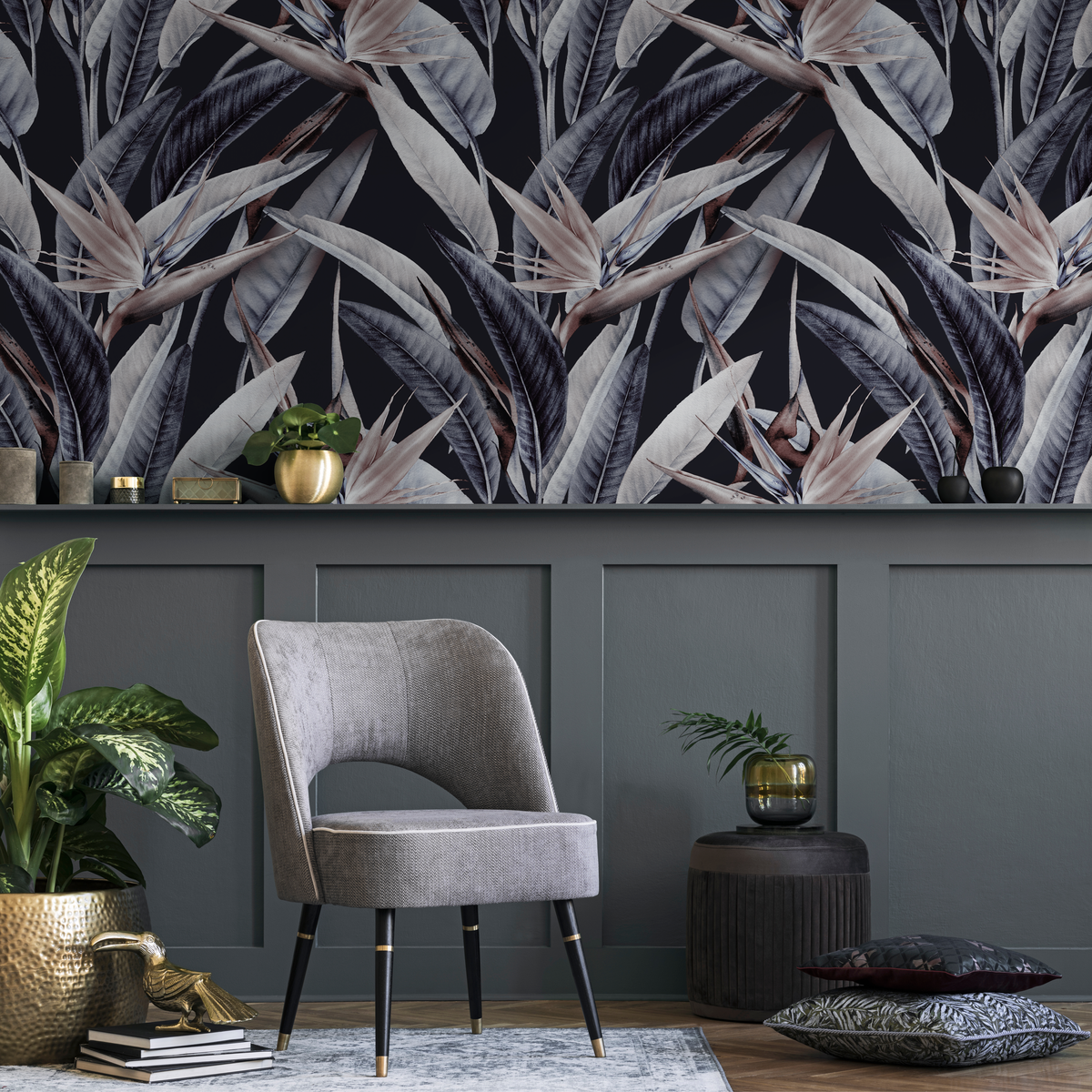 Botanical Wallpaper with Bird of Paradise Flowers in Indigo, Beige, and Black - detail view