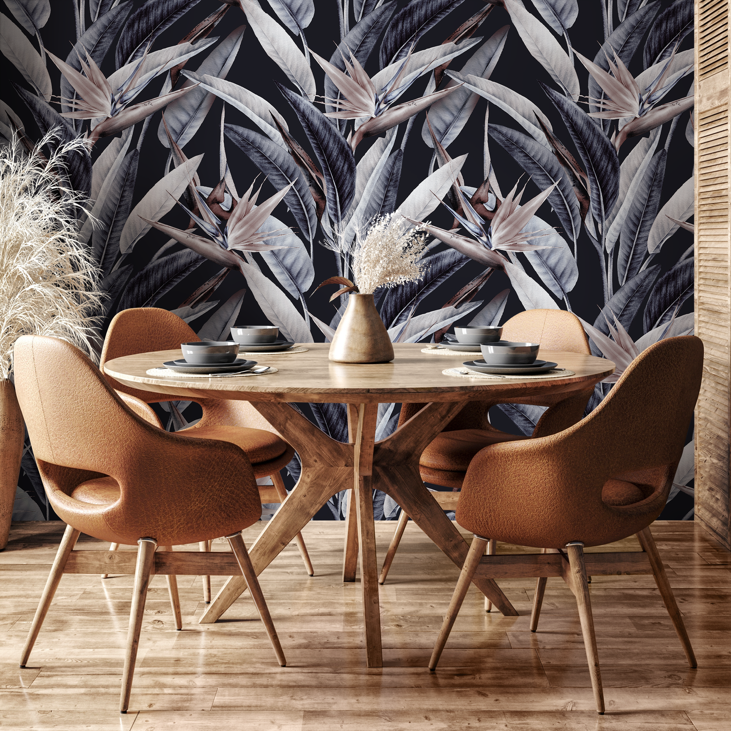 Botanical Wallpaper with Bird of Paradise Flowers in Gray, Beige, and Black - B221
