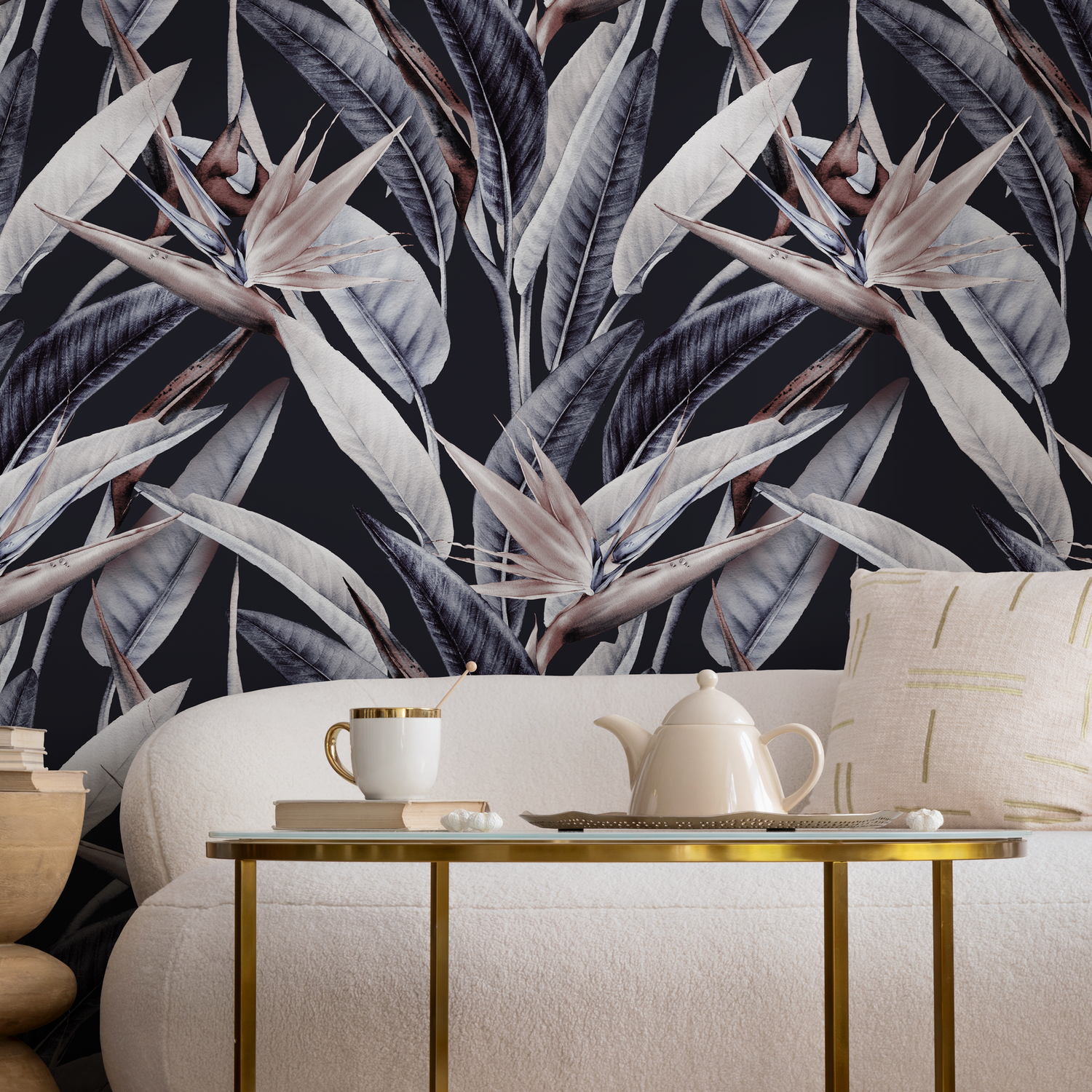 Botanical Wallpaper with Bird of Paradise Flowers in Gray, Beige, and Black - B221