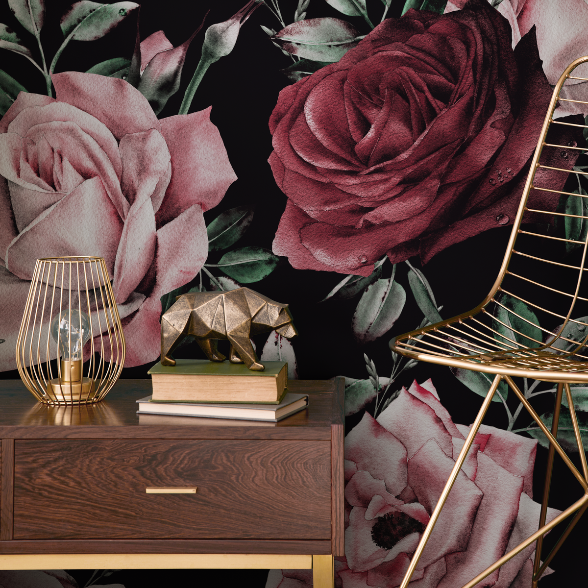Floral Wallpaper Featuring Lush Romantic Roses in Pink, Red, and Black - detail view