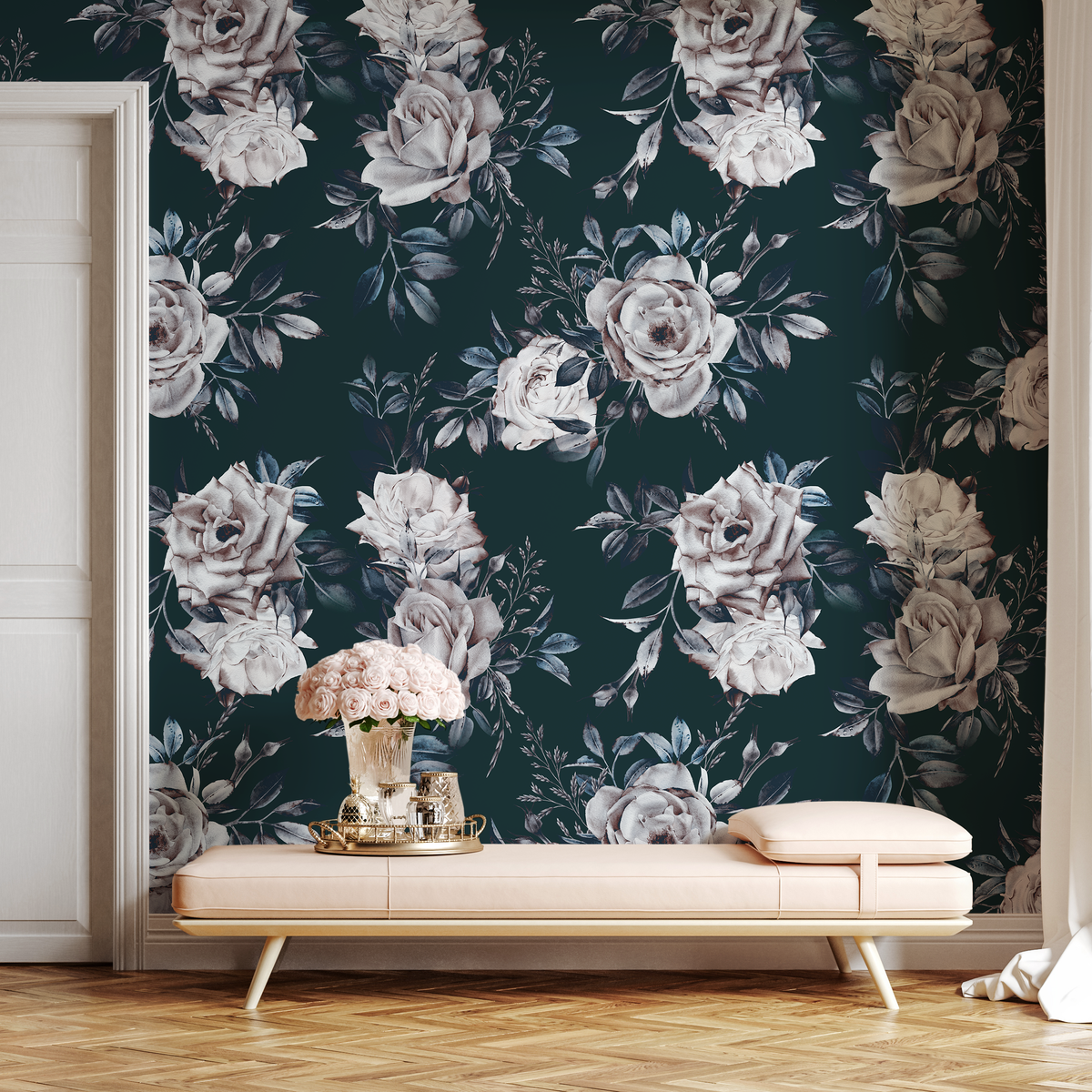 Floral Wallpaper with Moody Roses in Dark Green, White, and Blue - detail view