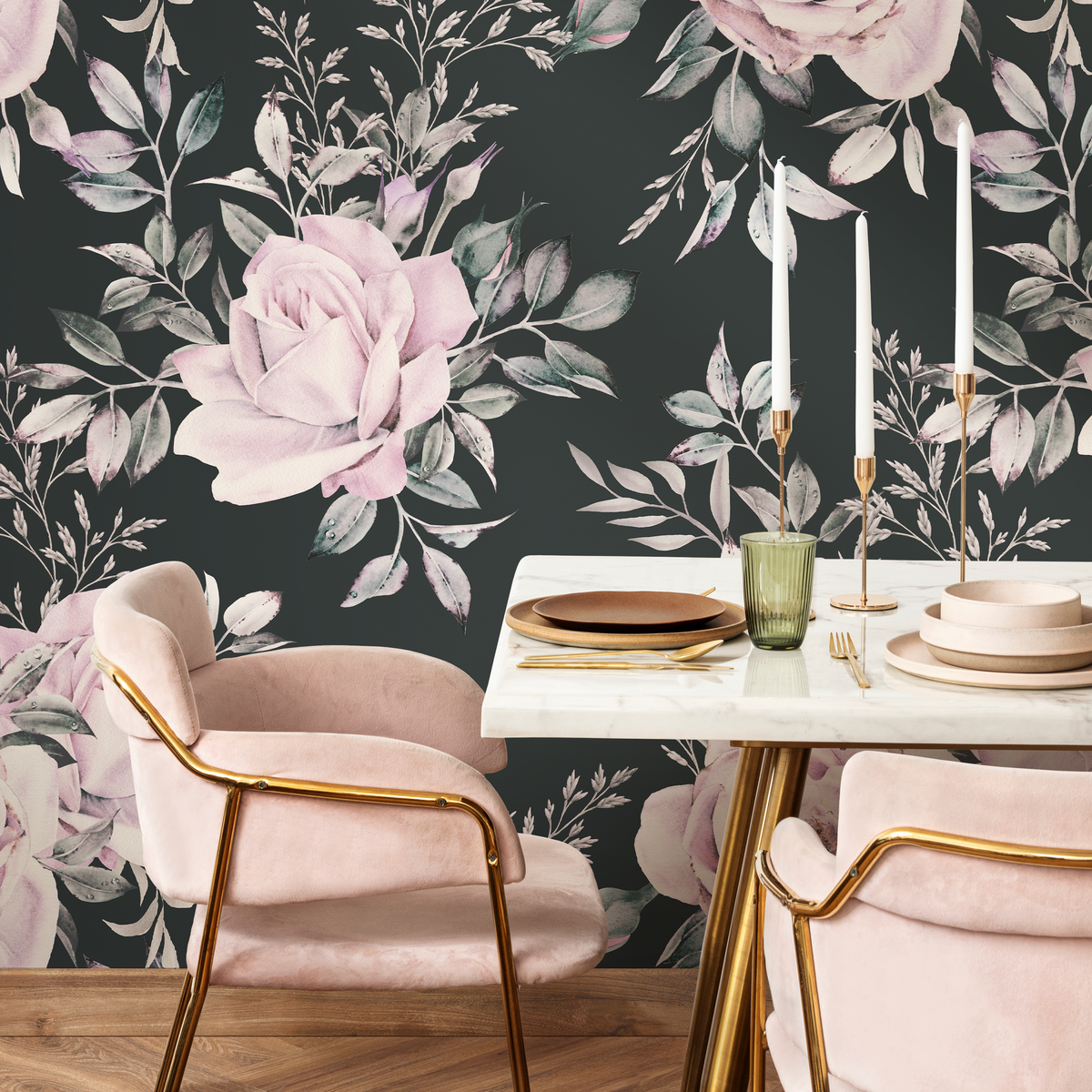 Floral Wallpaper Featuring Romantic Rose Bouquets in Pink, Green, and Black - detail view