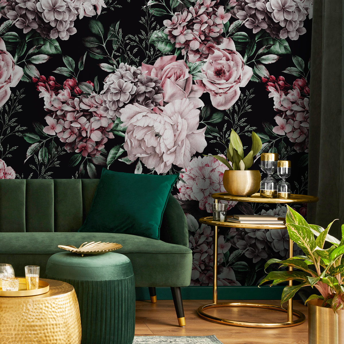 Dark Floral Wallpaper with Peonies and Roses in Pink and Red - detail view