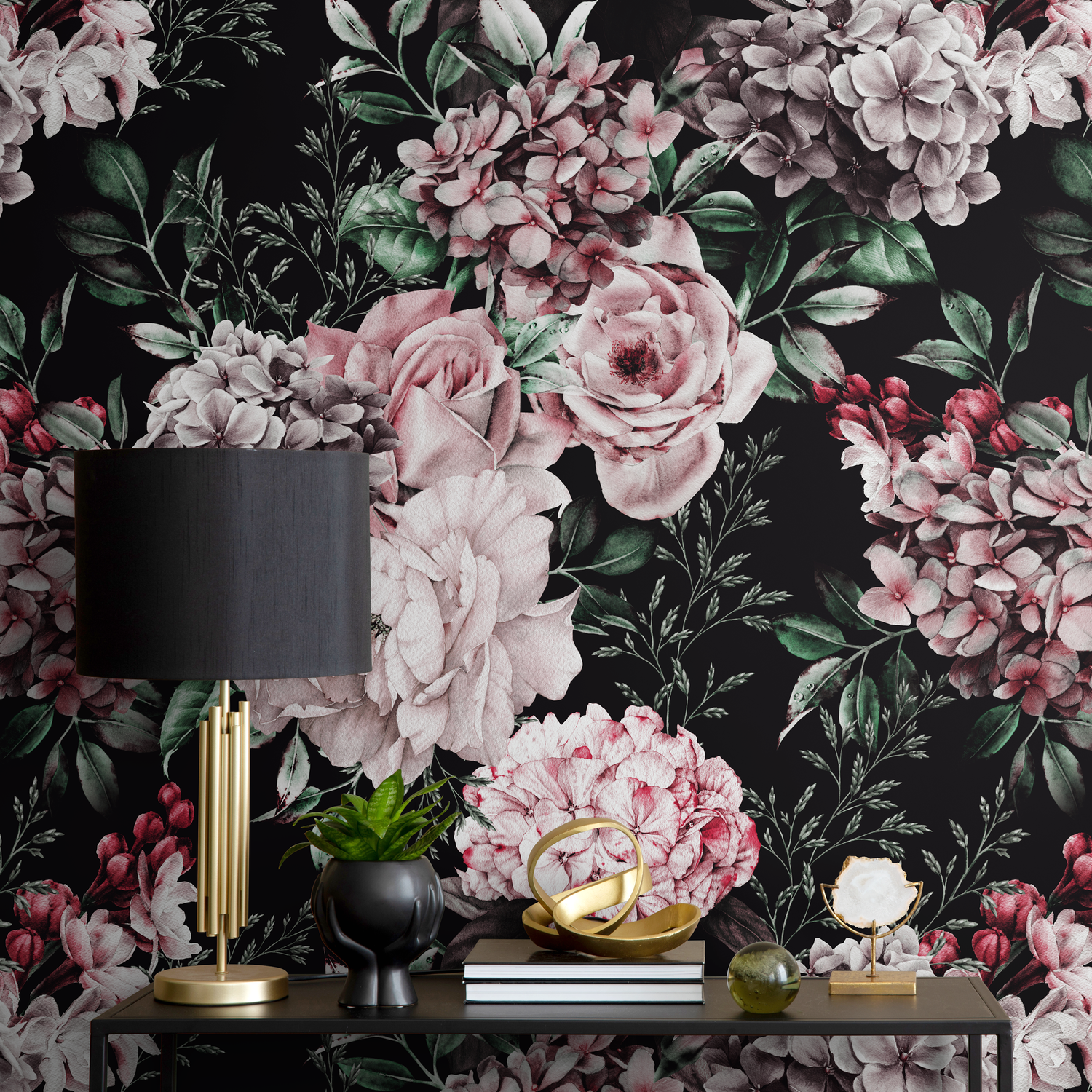 Dark Floral Wallpaper with Peonies and Roses in Pink and Red - B225