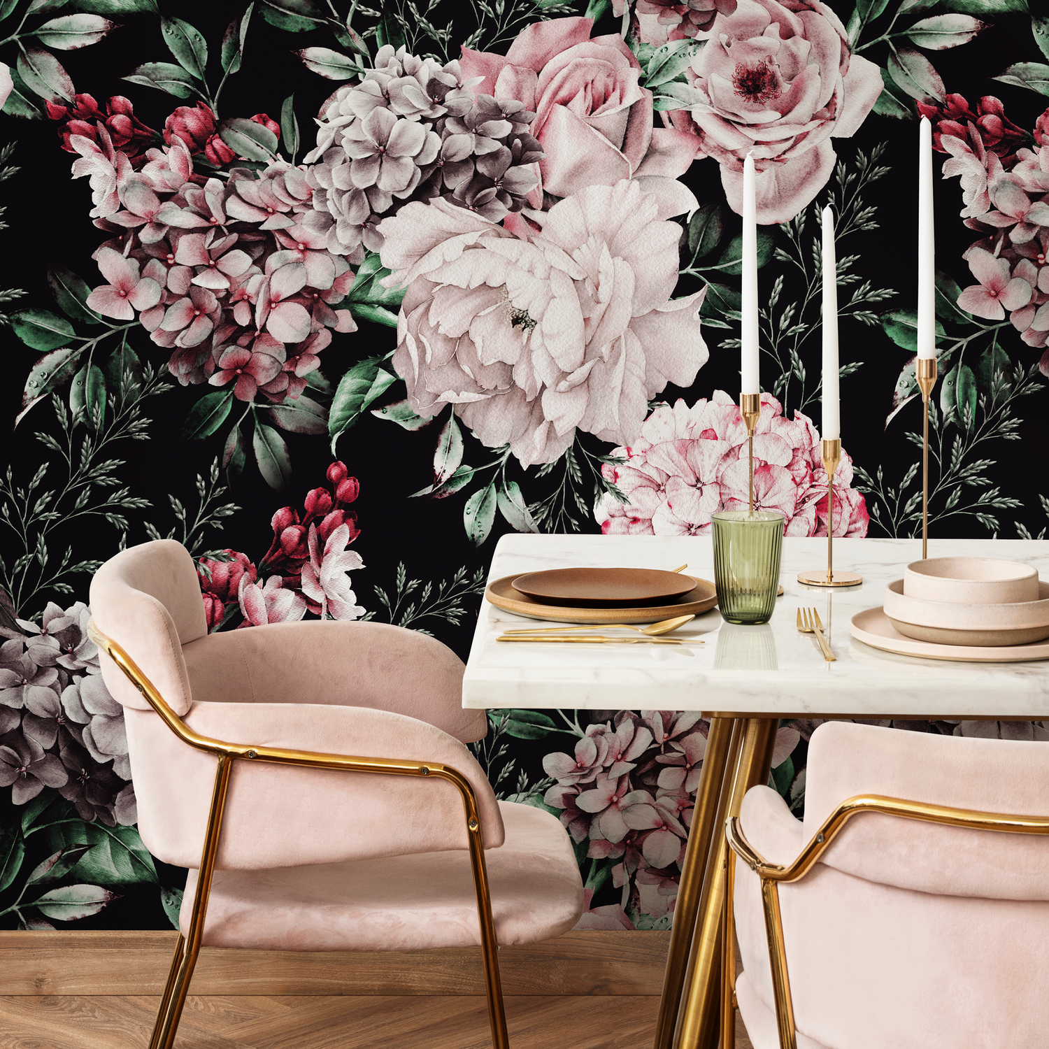 Dark Floral Wallpaper with Peonies and Roses in Pink and Red - B225
