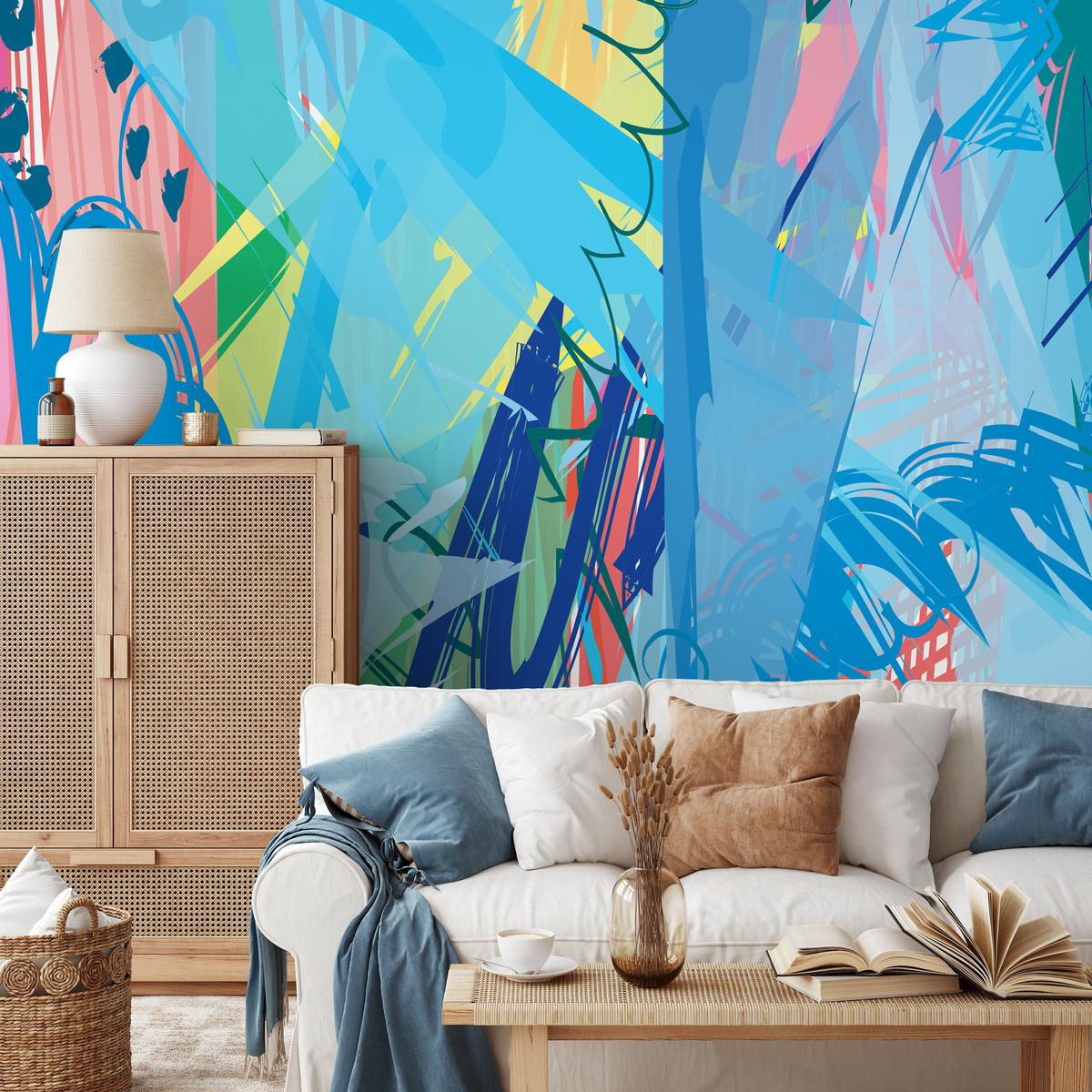 Abstract Wallpaper with Dynamic Brush Strokes in Blue, Yellow, and Pink - detail view