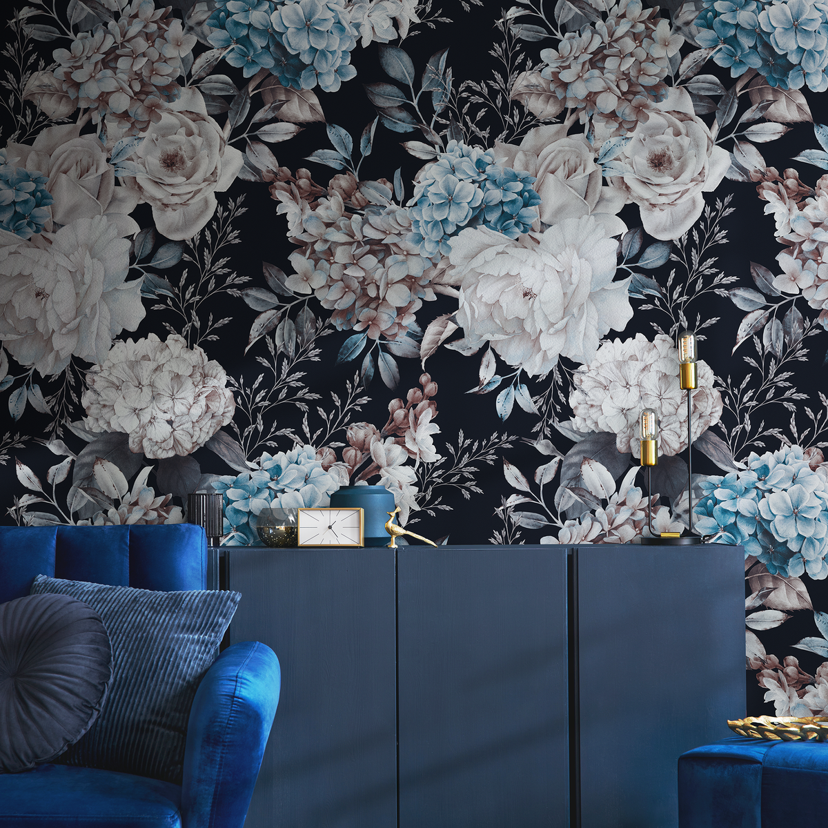 Floral Wallpaper Featuring Peonies and Hydrangeas in Blue and White - detail view