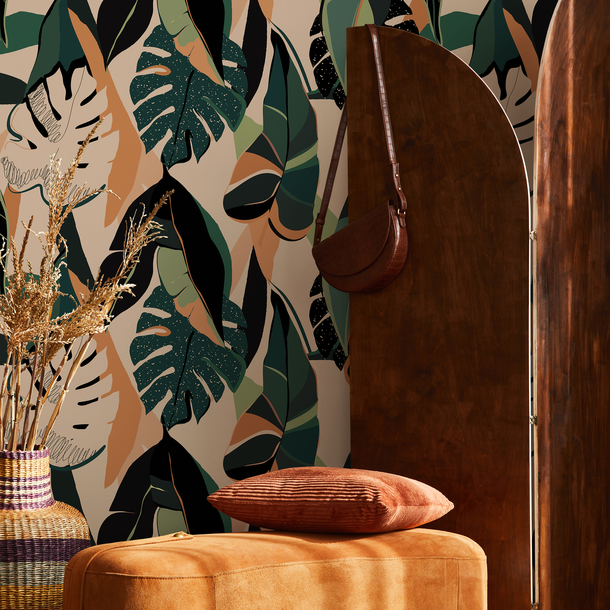 Tropical Wallpaper Featuring Abstract Jungle Leaves in Green, Terracotta, and Black - detail view