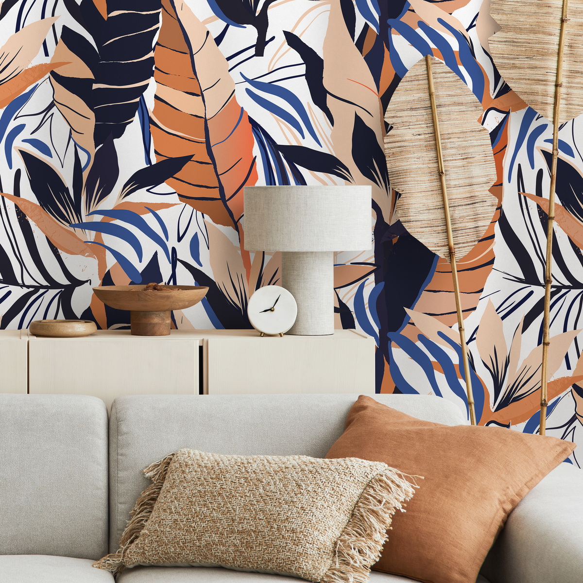 Botanical Wallpaper with Abstract Tropical Leaves in Orange, Blue, and Beige - detail view
