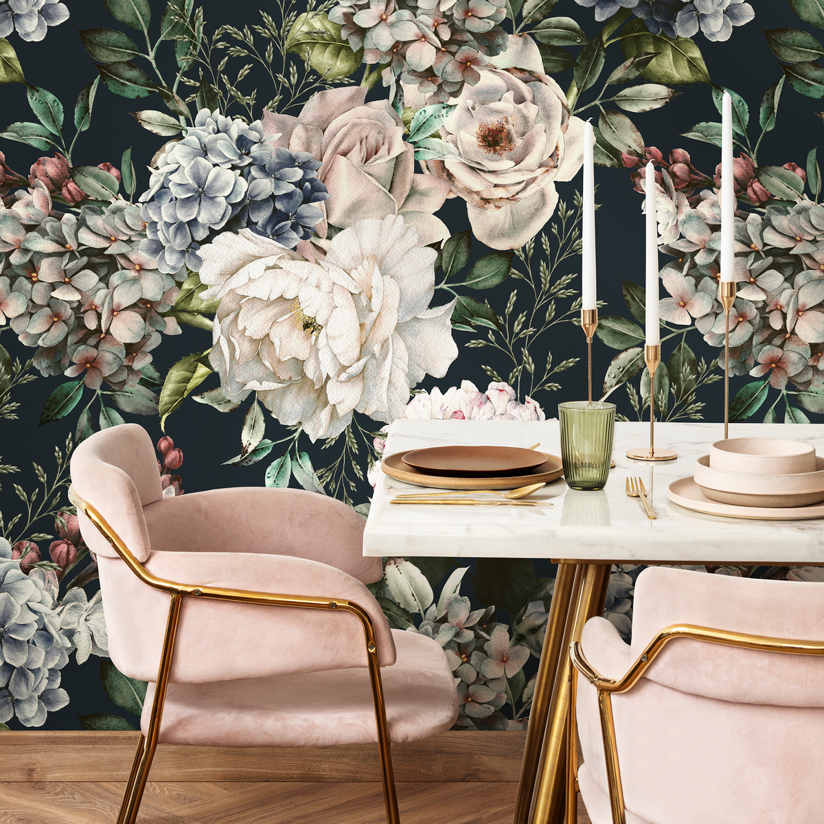 Floral Wallpaper with Vintage Roses and Hydrangeas in Pink and Blue - detail view
