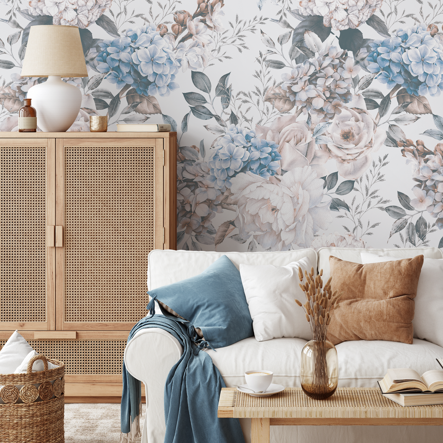 Vintage Floral Wallpaper with Peonies in Blue, Pink, and Gray - B232