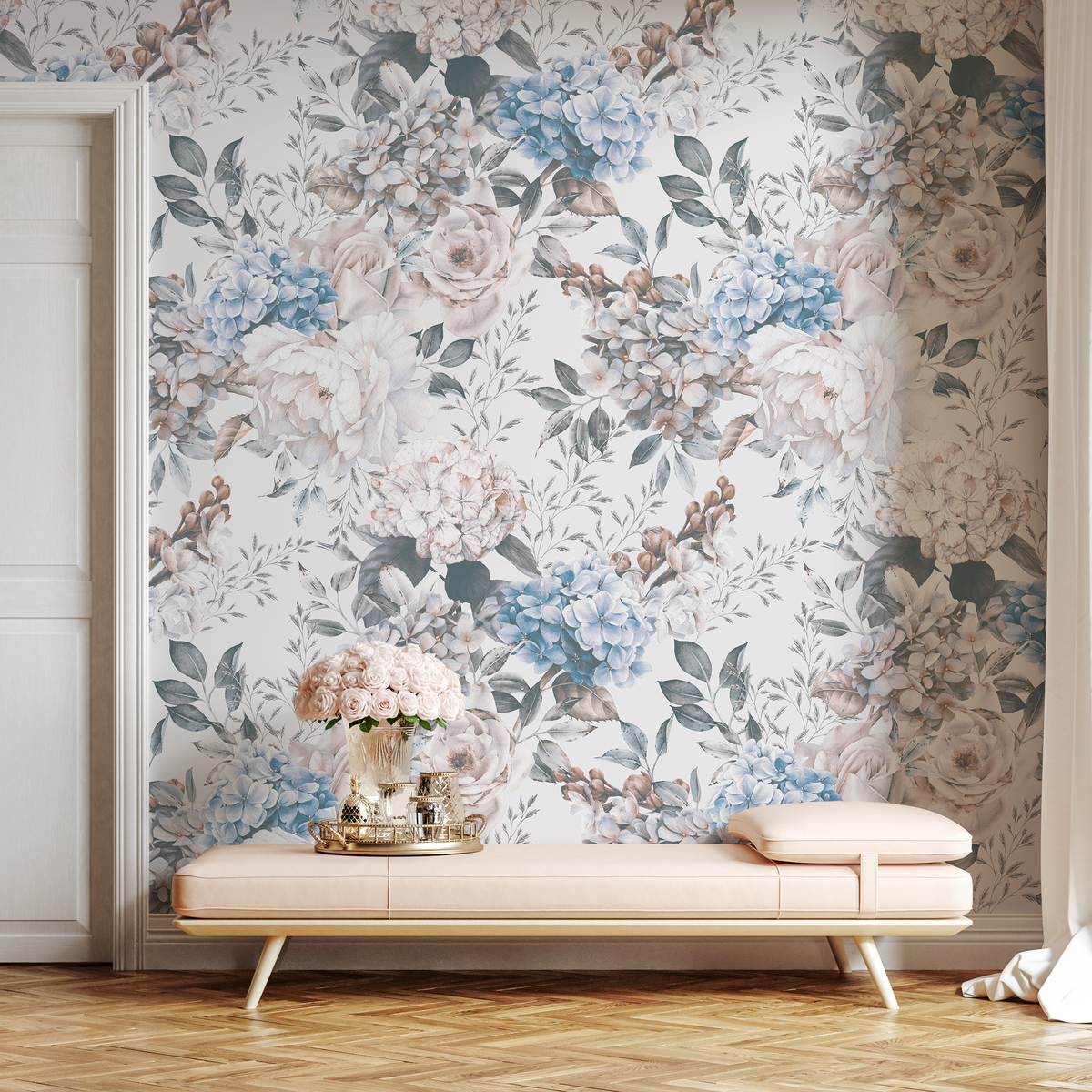 Vintage Floral Wallpaper with Peonies in Blue and Pink - detail view