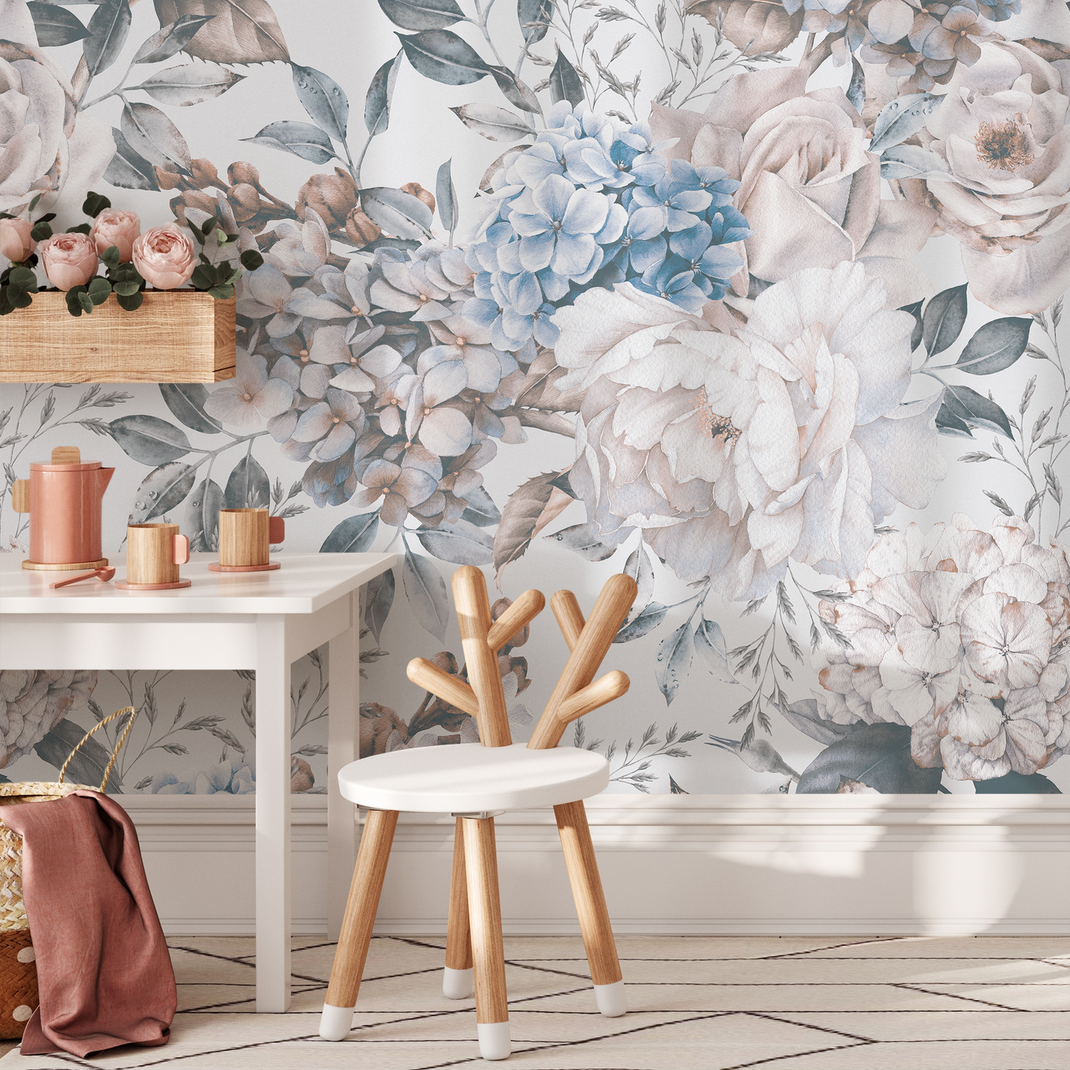 Vintage Floral Wallpaper with Peonies in Blue, Pink, and Gray - B232