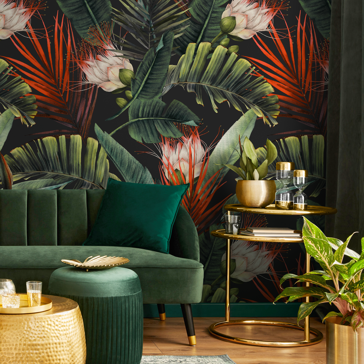 Tropical Wallpaper with Lush Palm Leaves and Flowers in Green and Red - detail view