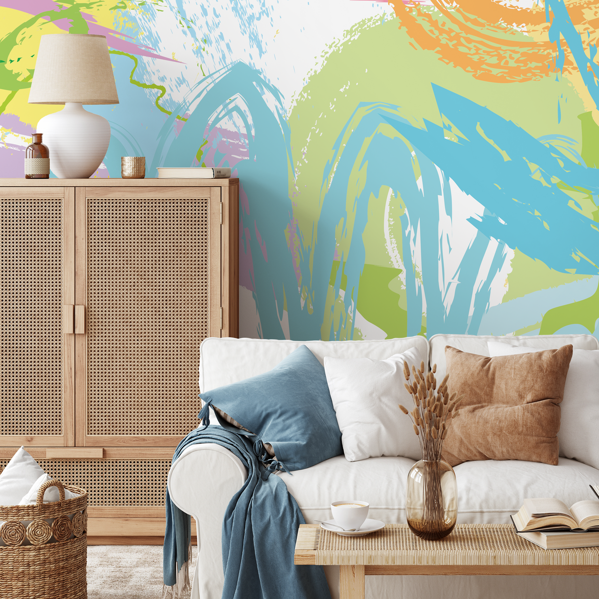 Abstract Wallpaper with Expressive Brush Strokes in Blue, Green, and Yellow - detail view