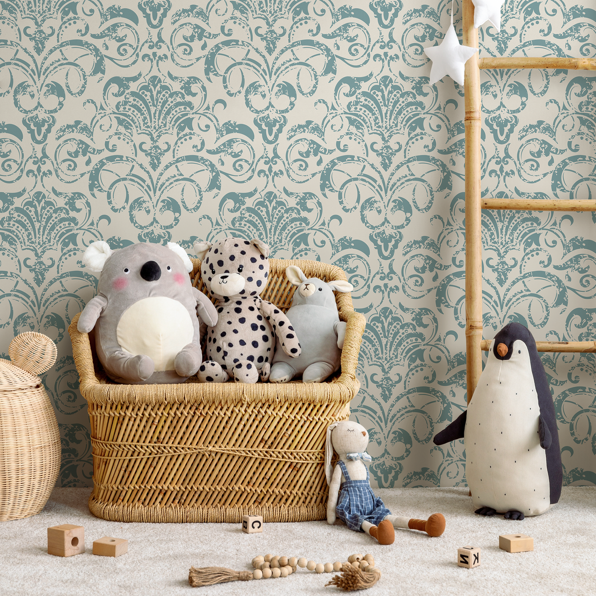 Damask Wallpaper with a Distressed Motif in Teal and Cream - detail view