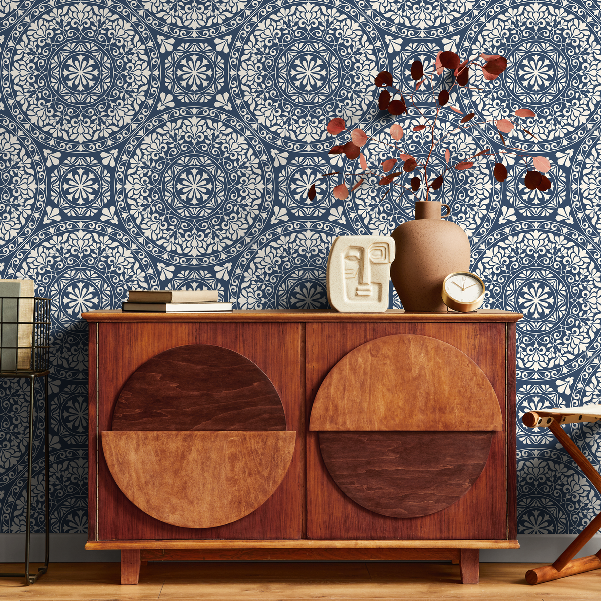 Medallion Wallpaper with an Intricate Floral Tile Motif in Navy Blue and Beige - detail view