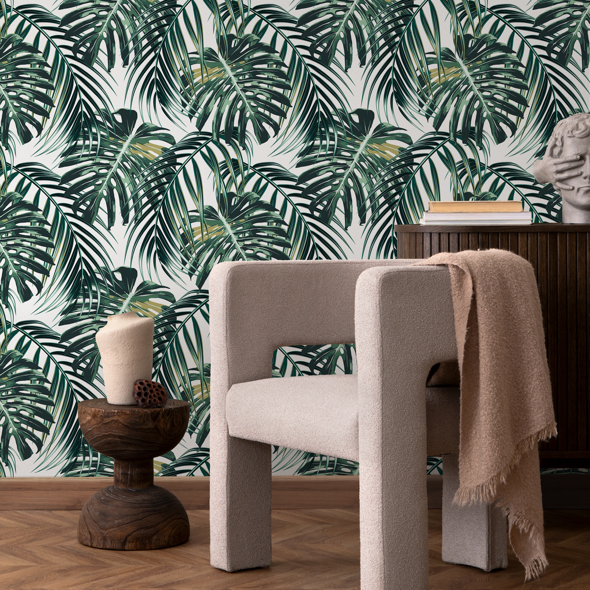 Tropical Wallpaper with Layered Palm Fronds in Green and Olive - detail view
