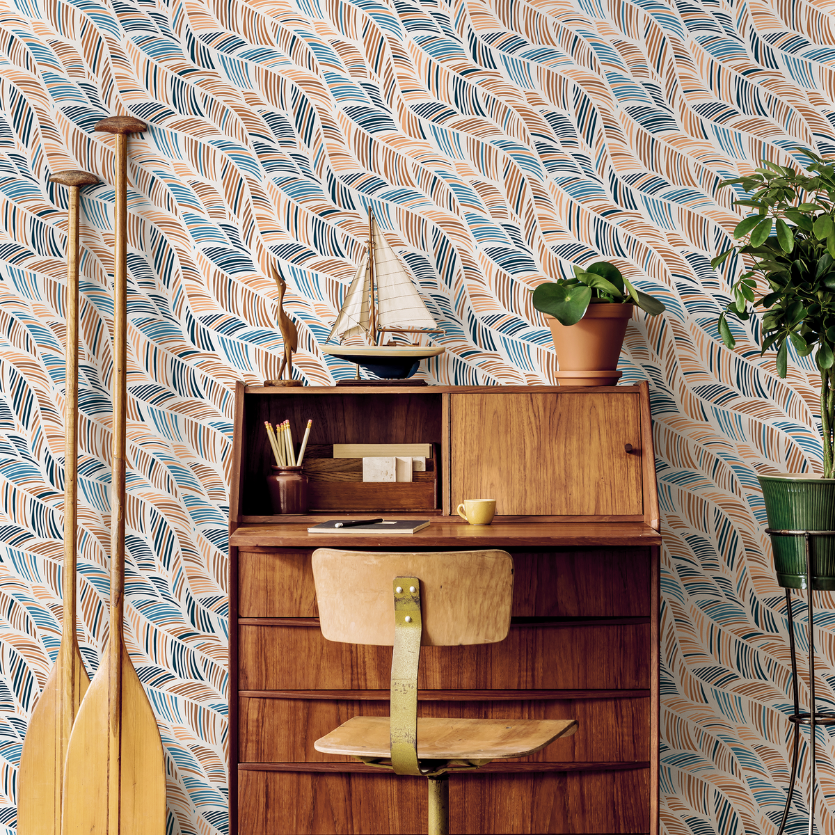 Abstract Wallpaper with Wavy Feather-Like Strokes in Blue and Brown - detail view