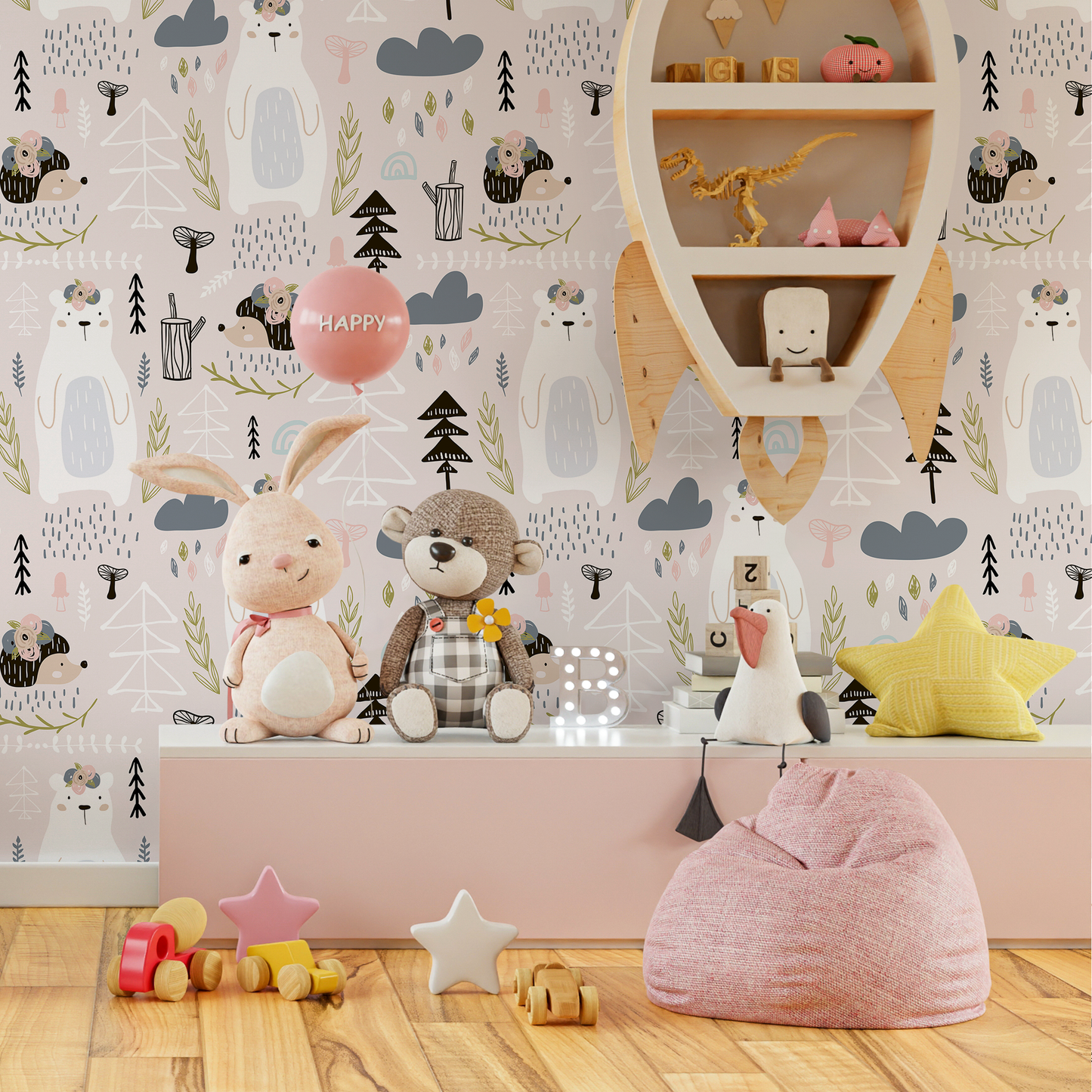 Wallpaper Peel and Stick Wallpaper Removable Wallpaper Home Decor Wall Art Wall Decor Room Decor / Cute Pink Animal Kids Wallpaper - B250