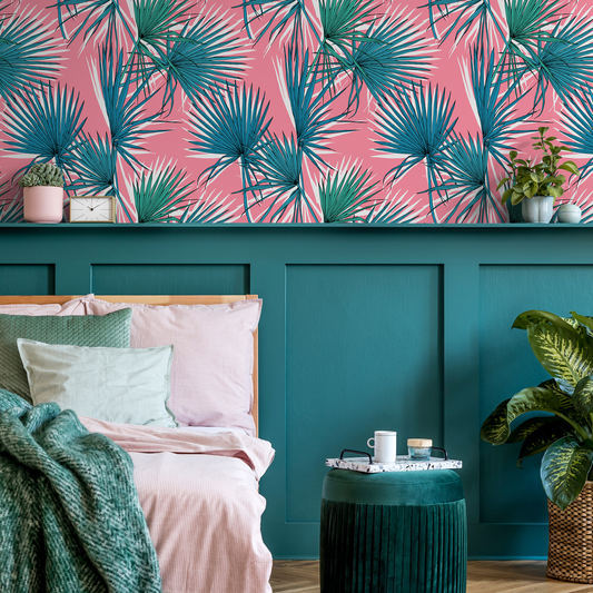 Wallpaper Peel and Stick Wallpaper Removable Wallpaper Home Decor Wall Art Wall Decor Room Decor / Pink Tropical Leaves Wallpaper - B251
