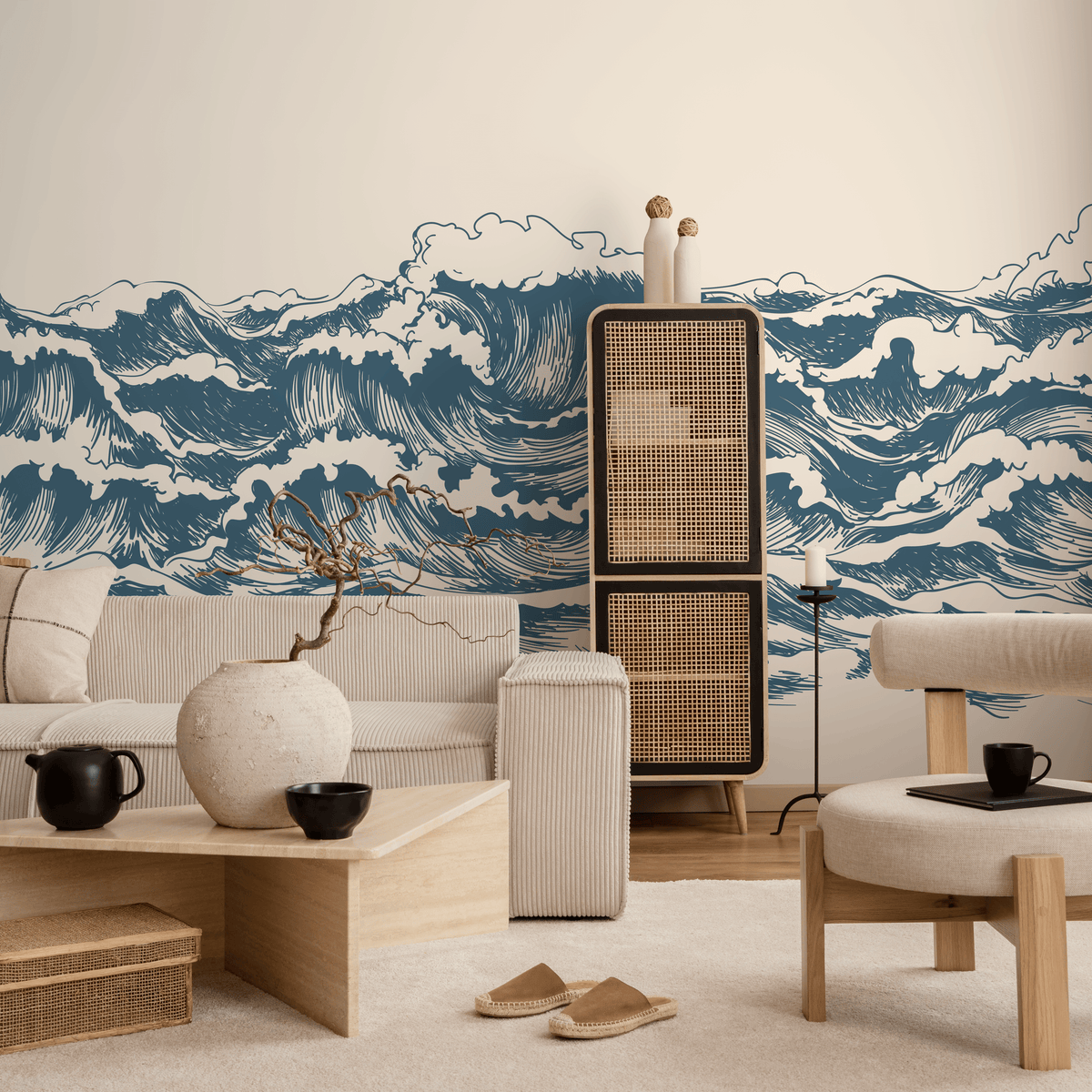 Waves Wallpaper with a Hand-Drawn Ocean Motif in Blue and Beige - detail view