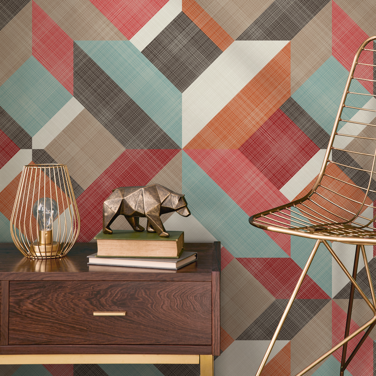 Geometric Wallpaper with a 3D Block Motif in Red, Orange, and Teal - detail view
