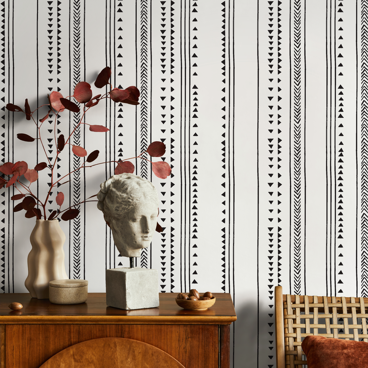Minimalist Tribal Stripe Wallpaper in Black and White - detail view