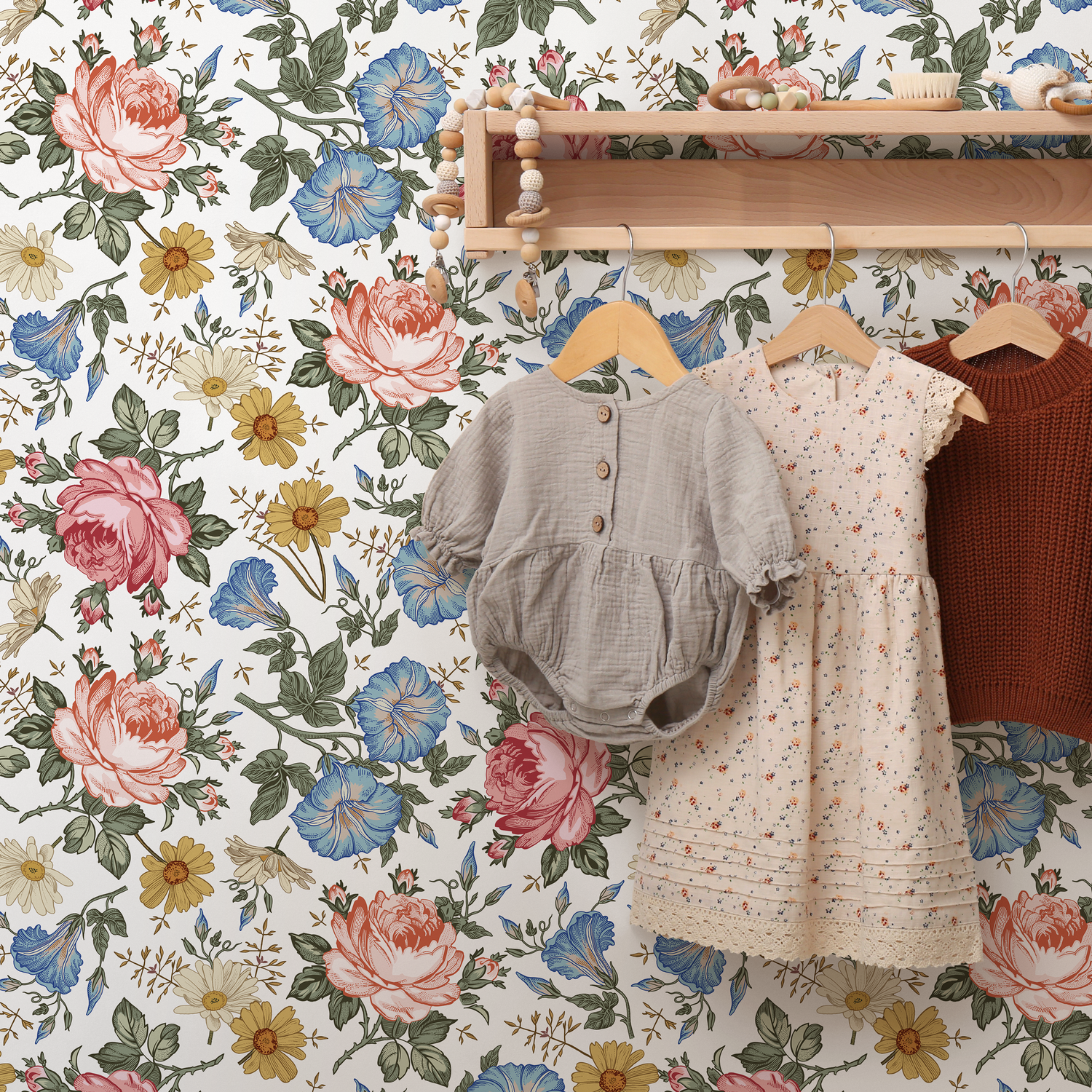 Vintage Floral Wallpaper with Roses and Wildflowers in Pink, Blue, and Yellow - B262