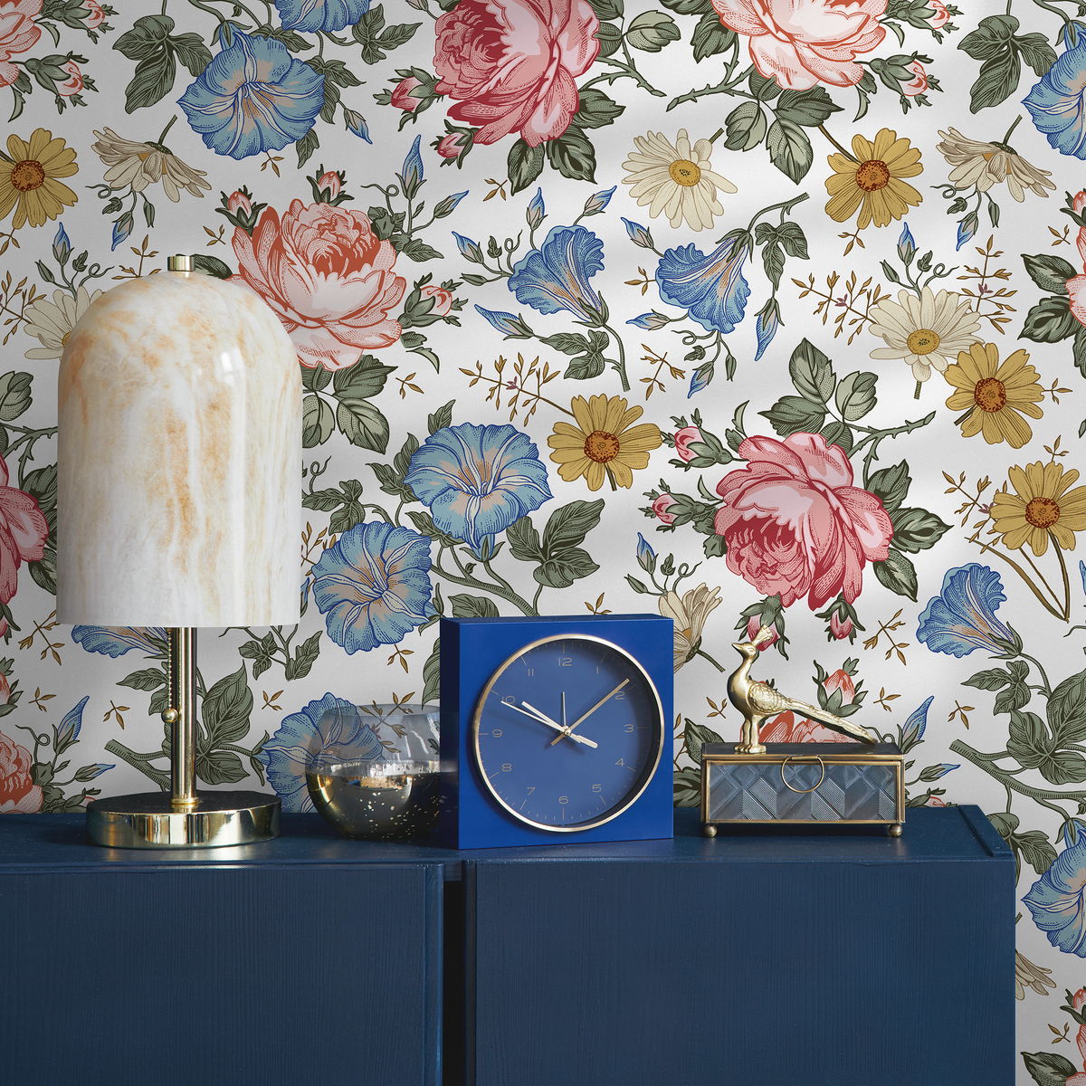Vintage Floral Wallpaper with Roses and Wildflowers in Red, Blue, and Yellow - detail view