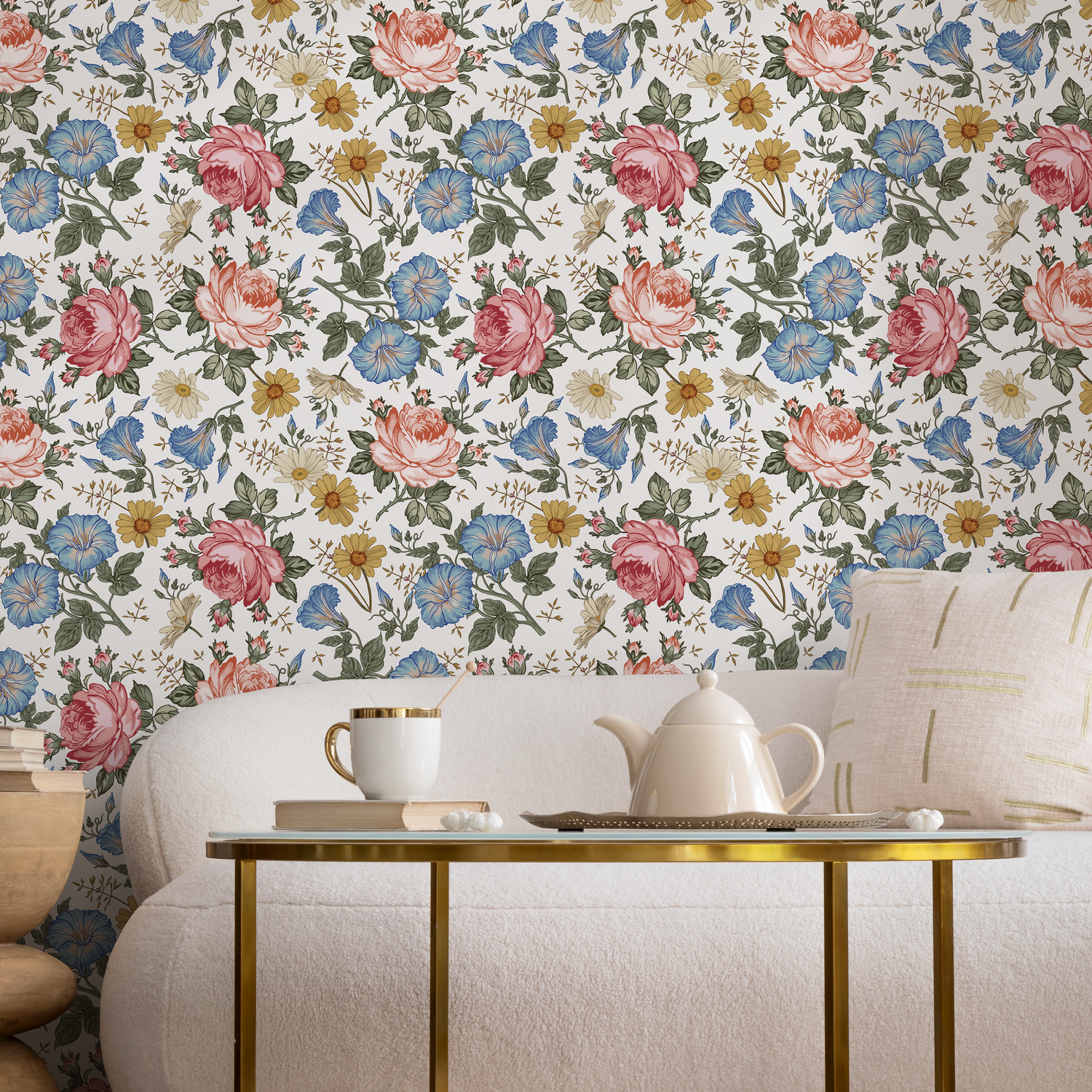 Vintage Floral Wallpaper with Roses and Wildflowers in Pink, Blue, and Yellow - B262