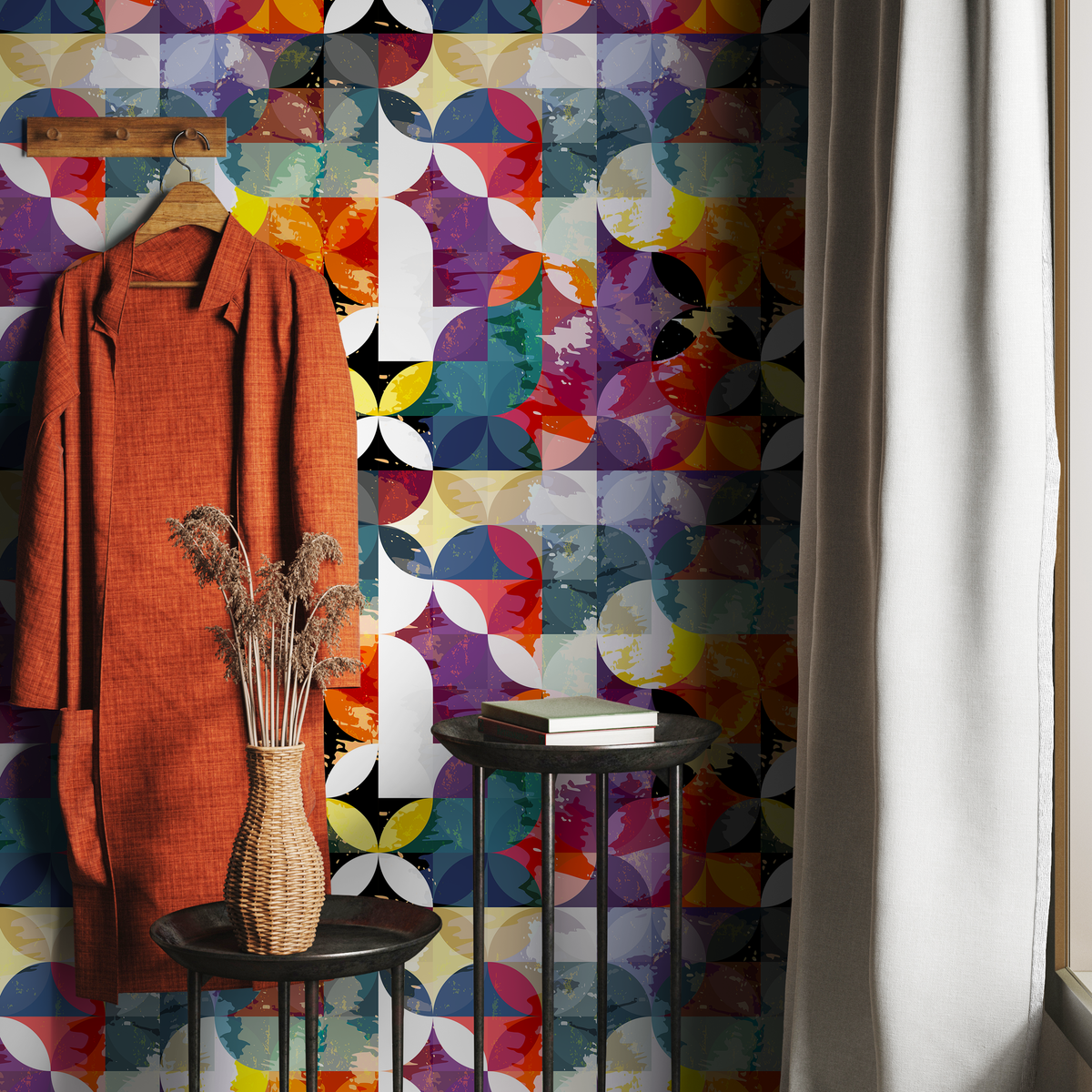 Geometric Wallpaper with a Distressed Circle Motif in Orange, Purple, and Teal - detail view
