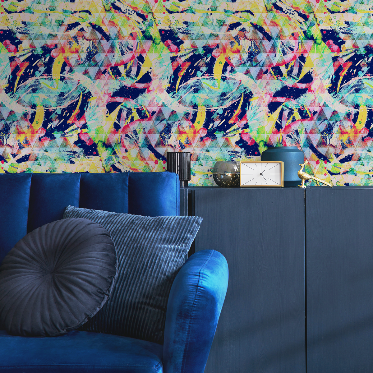 Abstract Wallpaper with a Geometric Graffiti Motif in Blue, Yellow, and Pink - detail view