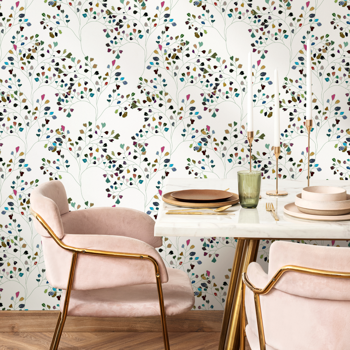 Scandinavian Wallpaper with Colorful Heart Leaves in Green, Blue, and Pink - detail view