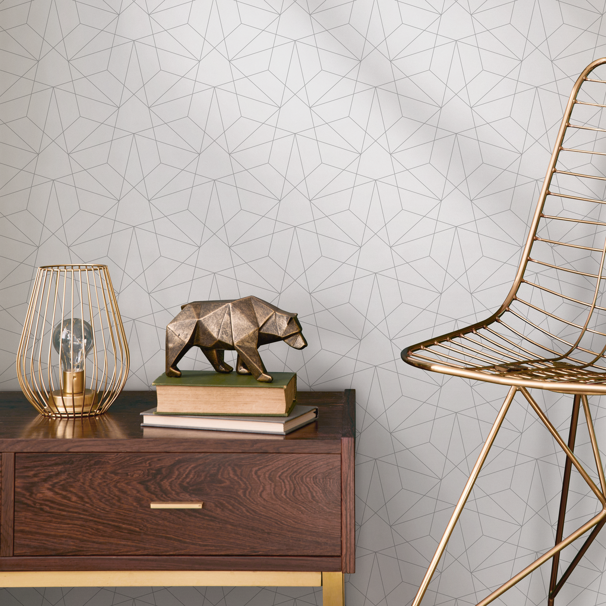 Geometric Wallpaper with a Minimalist Linear Motif in Grey - detail view