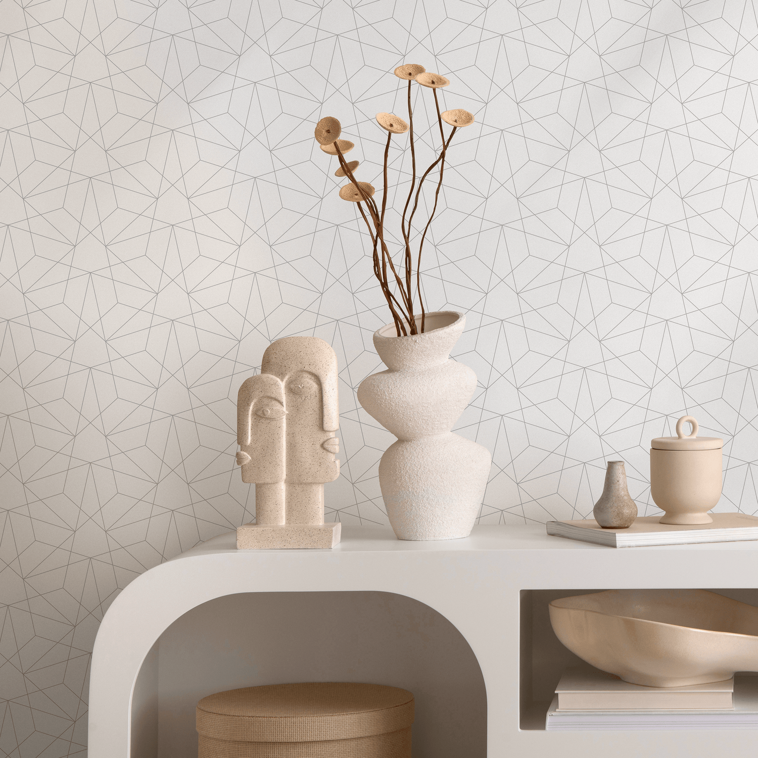 Geometric Wallpaper with a Minimalist Linear Motif in Grey - B279
