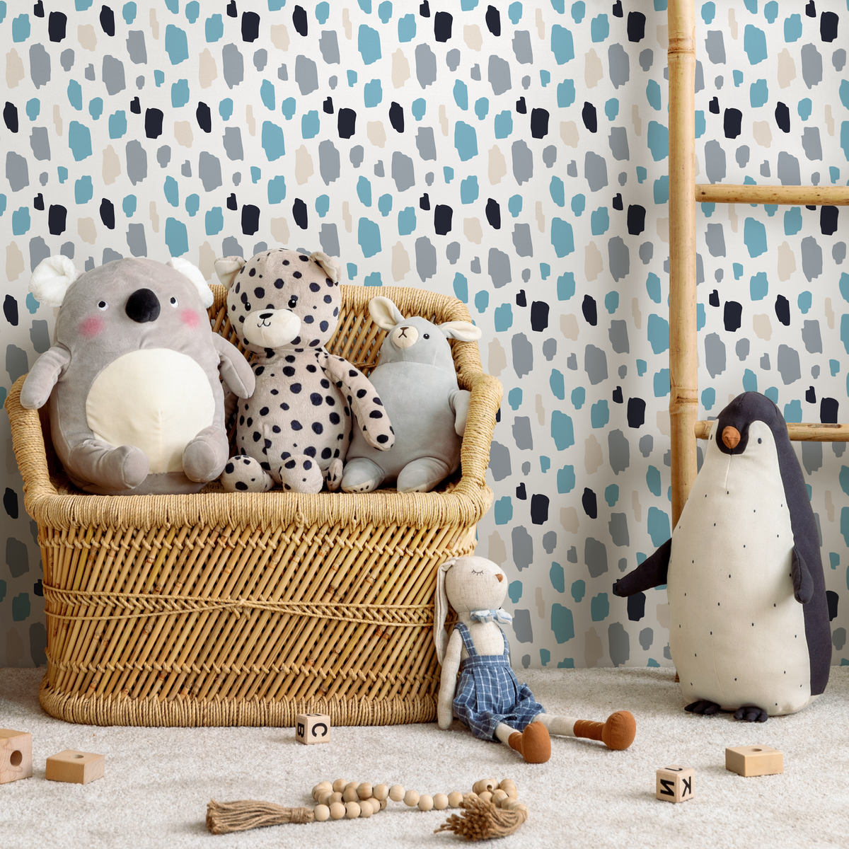 Abstract Wallpaper with Painterly Spots in Blue, Gray, and Black - detail view