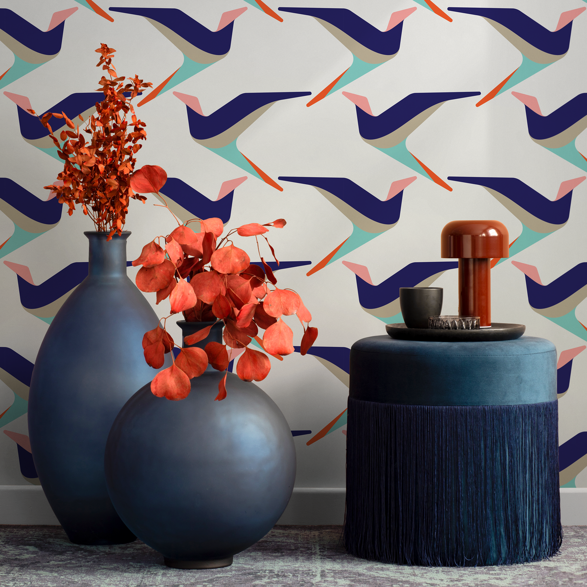 Midcentury Wallpaper with a Stylized Bird Motif in Blue, Teal, and Orange - detail view