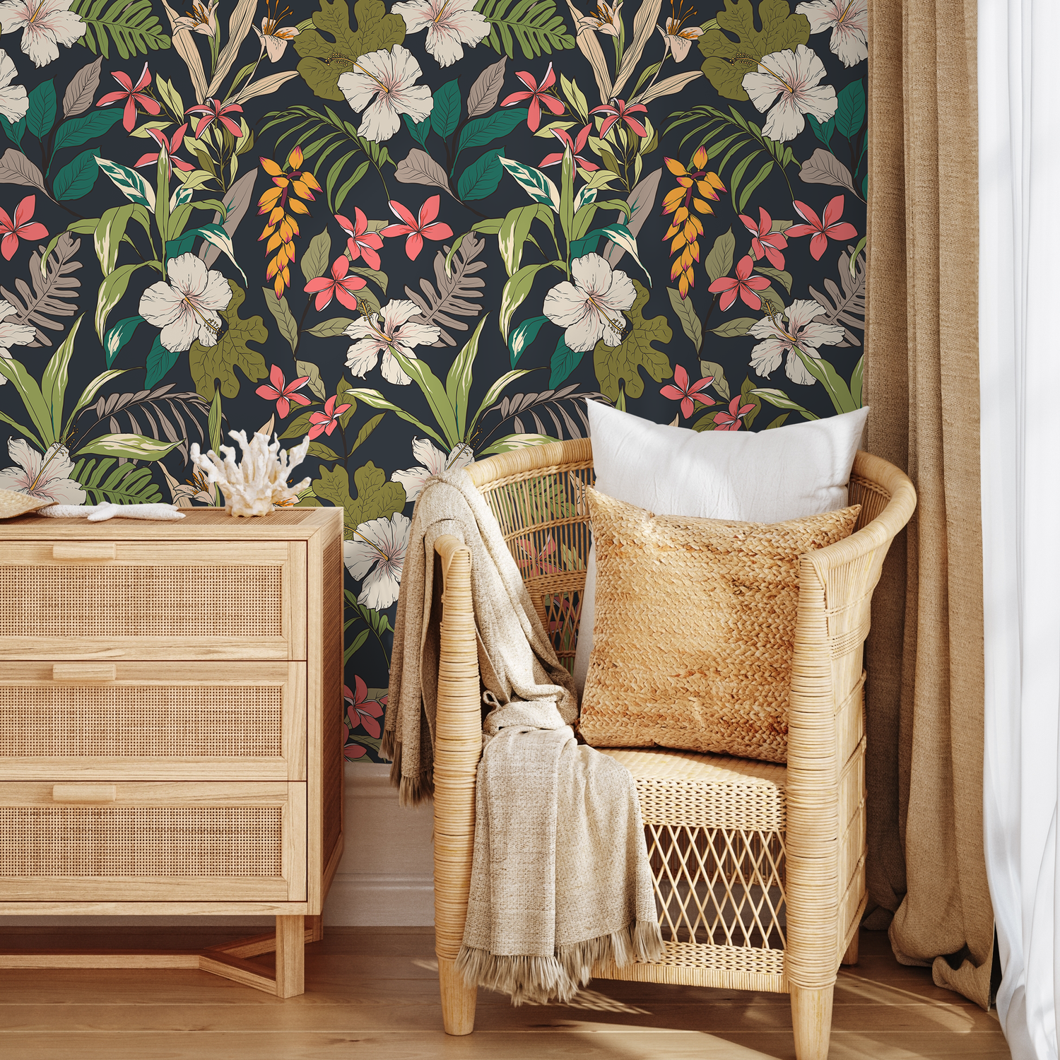 Papier peint à fleurs hawaïennes, papier peint amovible, papier peint scandinave, papier peint temporaire contemporain, papier peint autocollant - B284