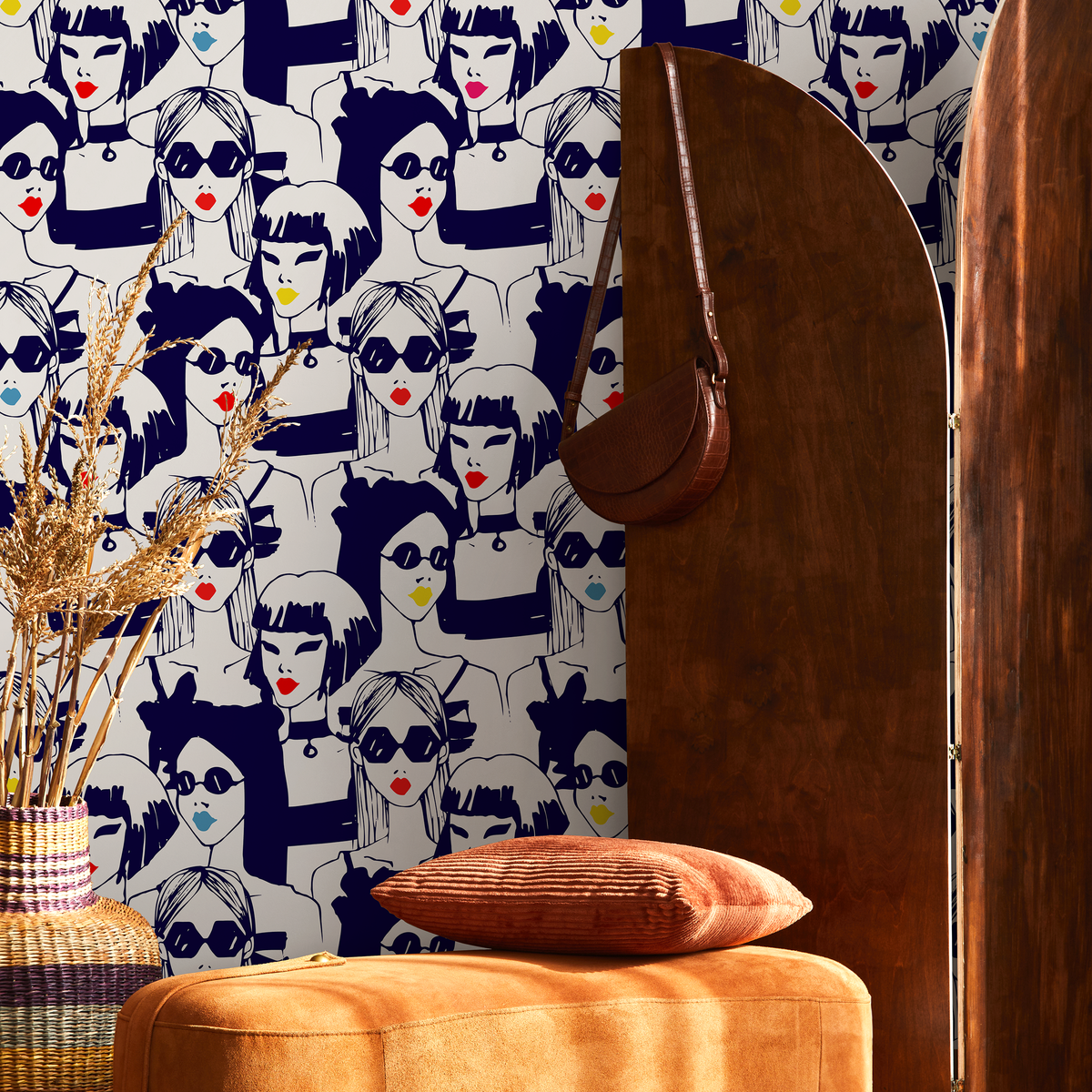 Pop Art Wallpaper Featuring Stylized Fashion Portraits in Blue, Red, and Yellow - detail view