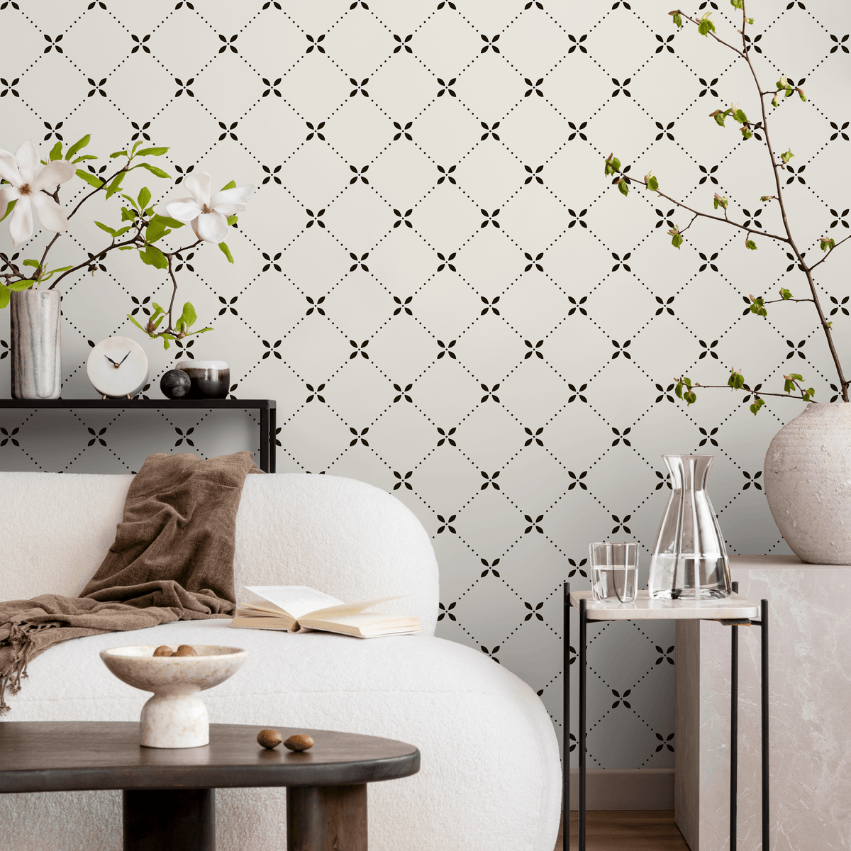 Minimalist Scandinavian Floral Lattice Wallpaper in Black - detail view