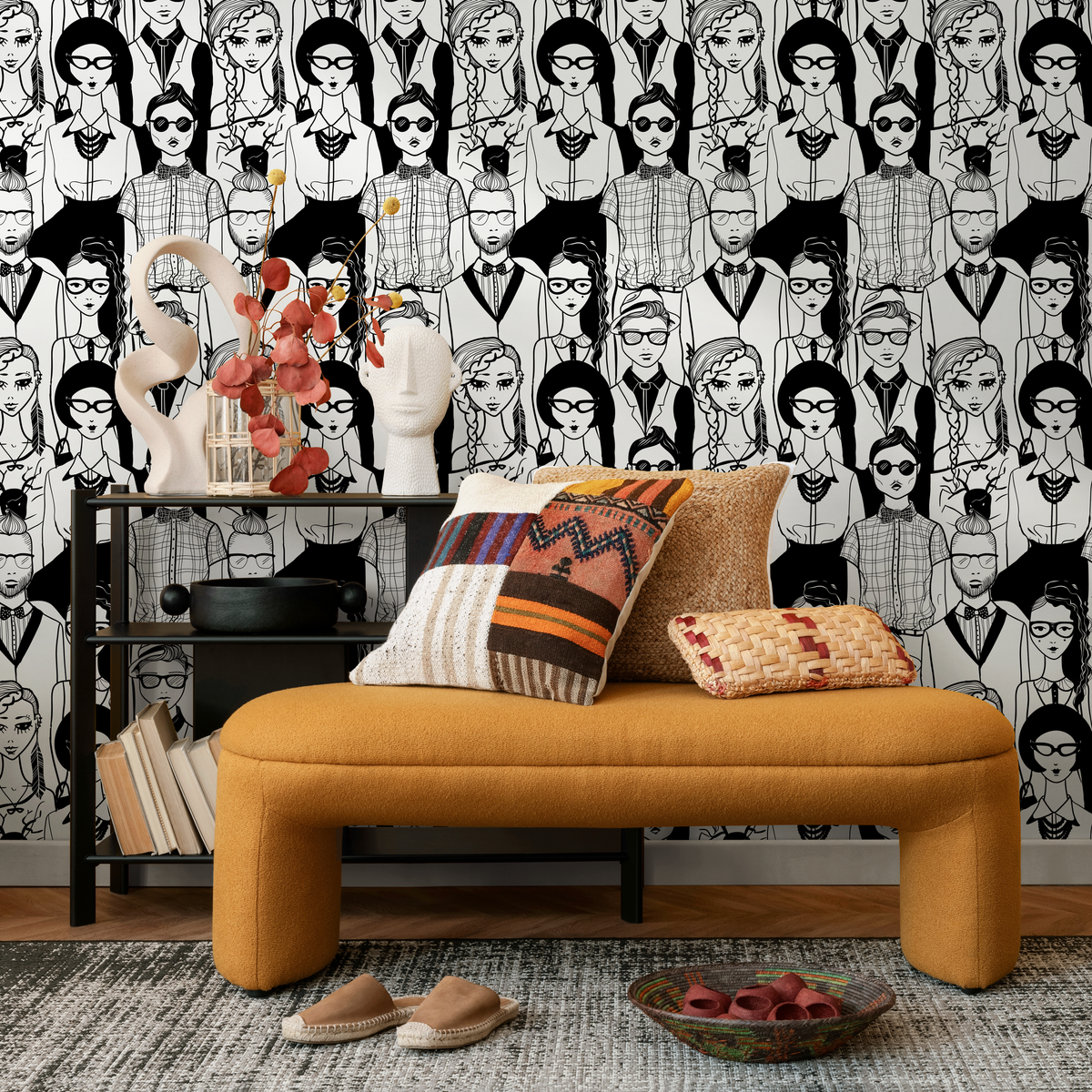 Black and White Wallpaper with a Crowd of Illustrated Faces - detail view